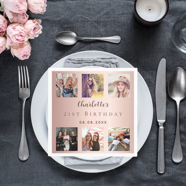 Rose gold photo collage birthday party napkins (Creator Uploaded)