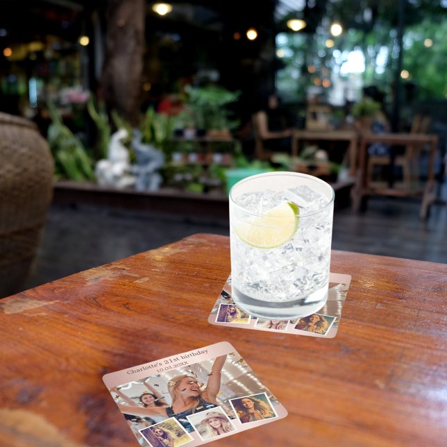 Rose gold photo collage birthday party square paper coaster (Creator Uploaded)