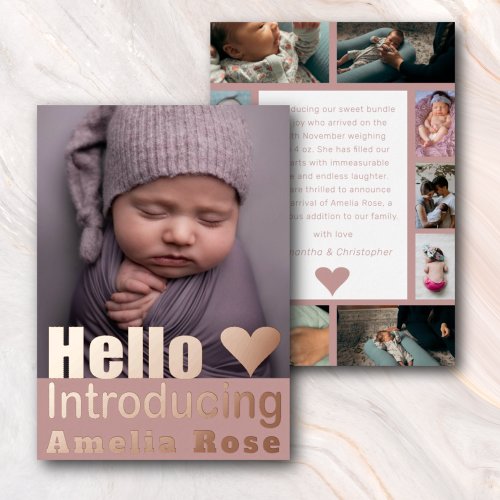 Rose Gold Photo Collage Hello Baby Announcement