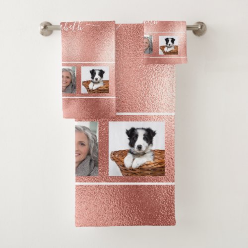Rose gold photo collage monogram bath towel set