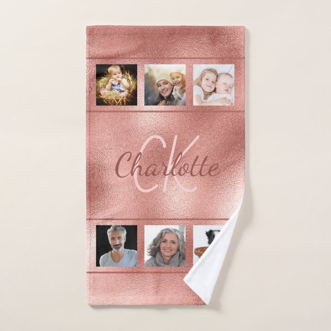 Rose gold photo collage monogram script hand towel  (Hand Towel)