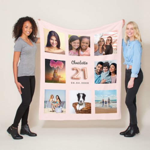 Rose gold photo collage name 21st birthday fleece blanket