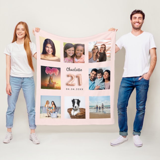 Rose gold photo collage name 21st birthday fleece blanket (In Situ)