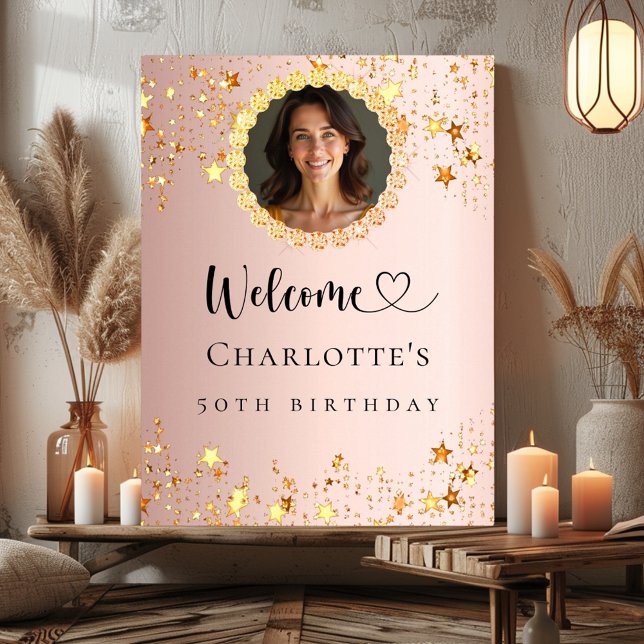 Rose gold photo diamonds birthday party welcome poster (Creator Uploaded)