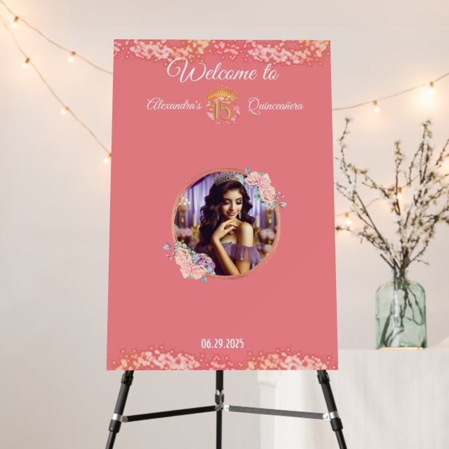 Rose Gold Photo Elegant Boho Quinceañera Guest Foam Board (In Situ (Stand))