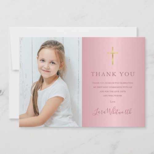 Rose Gold Photo First Holy Communion Thank You Card