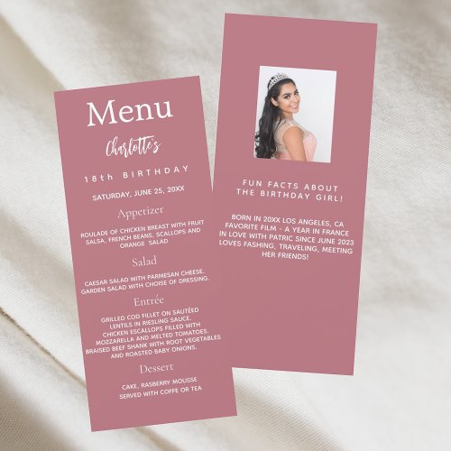 Rose gold photo fun facts birthday menu card