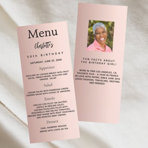 Rose gold photo fun facts birthday menu card