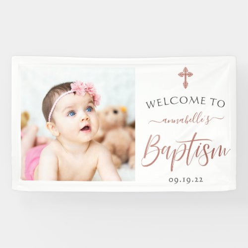 Rose Gold Photo Girl Baptism Welcome Banner