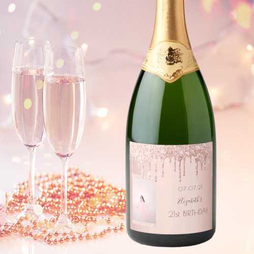 Rose gold photo glitter drips birthday sparkling wine label