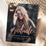 Rose Gold Photo Graduation Announcement Postcard<br><div class="desc">Modern graduation announcement postcard featuring a custom vertical photo. The word "graduate" appears in rose gold faux foil script, with the graduate's name, school, and year of graduation below in white sans serif font. Easily replace the sample image with your own graduate's photo. A black gradient screen helps ensure the...</div>