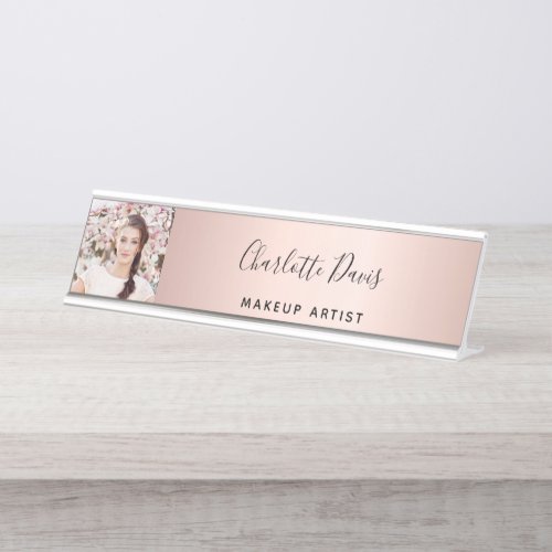 Rose gold photo modern signature script desk name plate