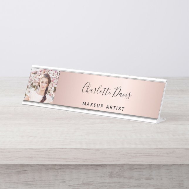 Rose gold photo modern signature script desk name plate (Front)