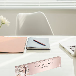 Rose gold photo monogram modern elegant desk name plate
