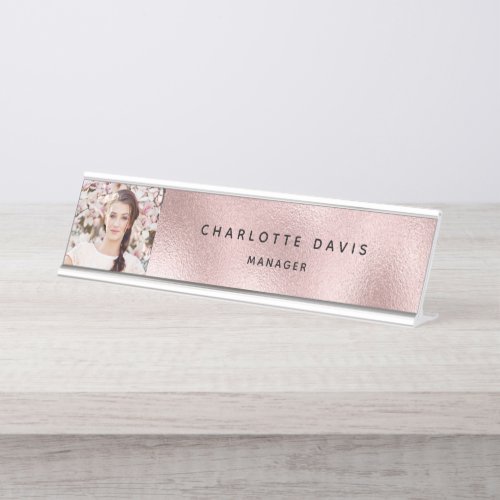 Rose gold photo monogram modern employee desk name plate