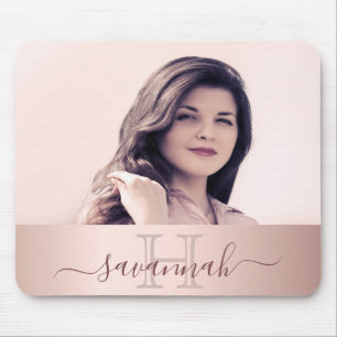 Rose gold photo monogram name script elegant mouse pad