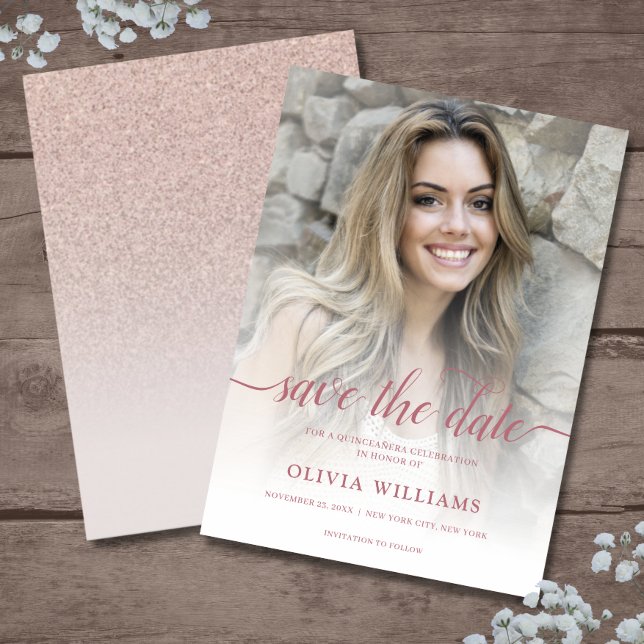 Rose Gold Photo Overlay Quinceañera Save the Date