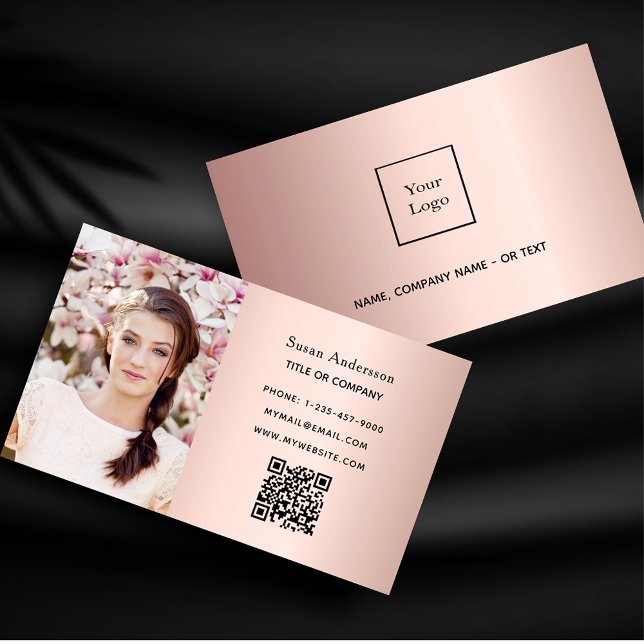 Rose gold photo QR code elegant female Business Card (Creator Uploaded)