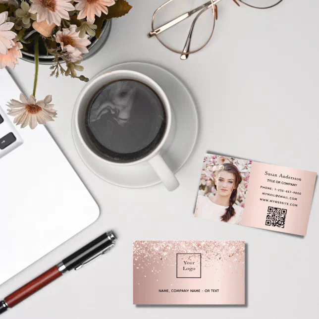 Rose Gold Photo Qr Code Glitter Dust Female Business Card Zazzle