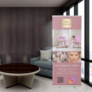 Rose gold photo QR code Instagram business logo Retractable Banner
