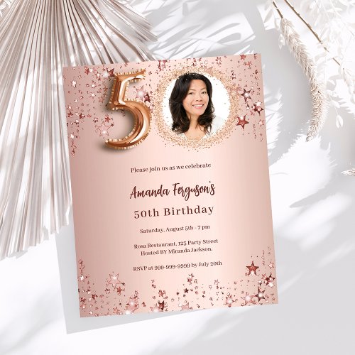 Rose gold photo stars 50th birthday invitation