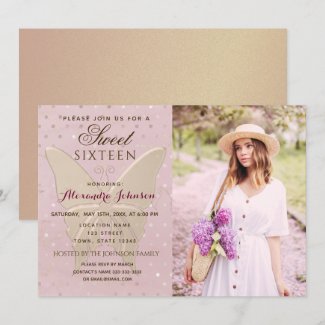 Rose Gold Photo Sweet 16 Birthday Invitation