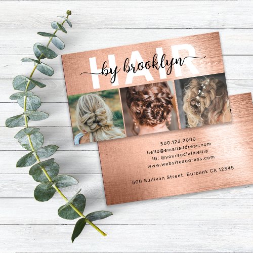Rose Gold Photo Typography Hair Stylist Business Card
