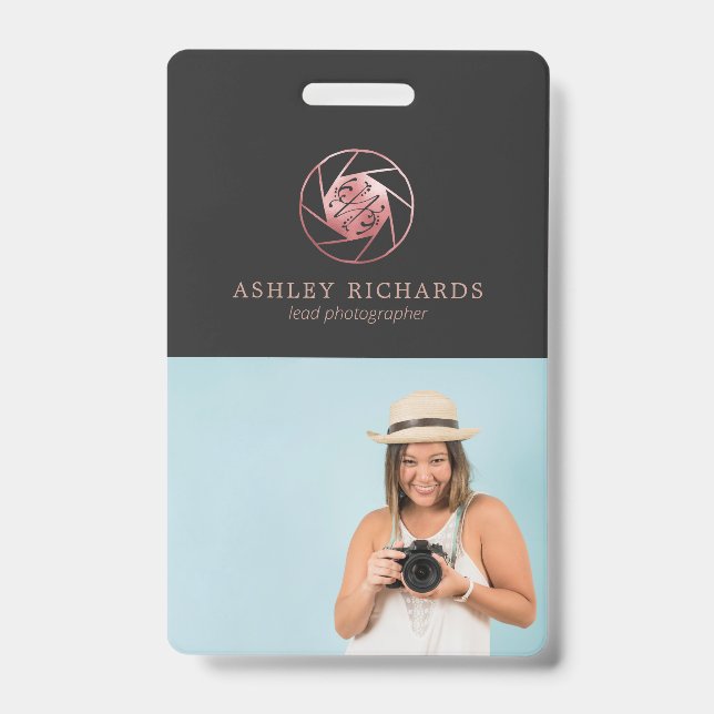 Rose Gold Photographer Logo | Photo Name Tag Badge (Front)