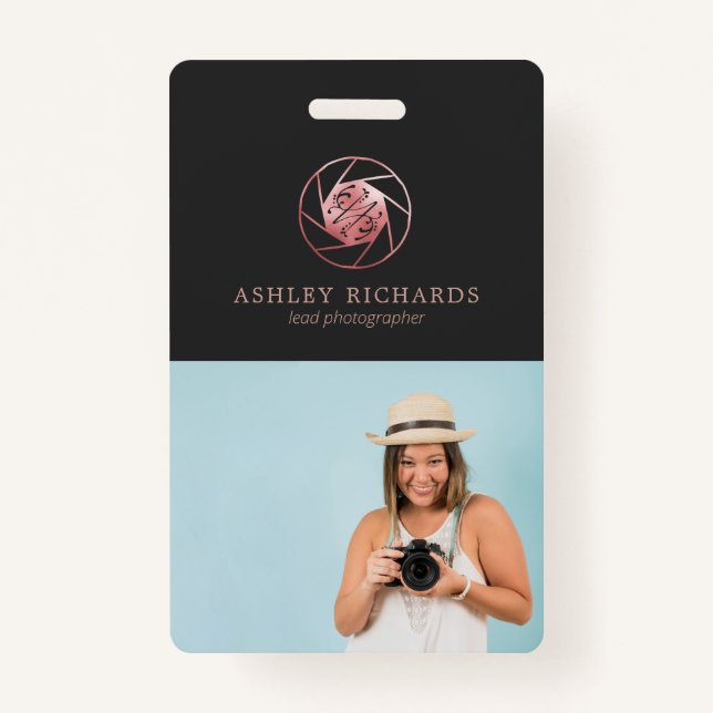 Rose Gold Photographer Logo | Photo Name Tag Badge (Front)