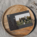 Rose Gold Pine | Elegant Christmas Photo Foil Holiday Card<br><div class="desc">A modern and elegant Christmas holiday card design featuring a horizontal photo on a charcoal gray background adorned with pine trees trimmed with rose gold foil and topped with stars. Personalize with your custom holiday greeting,  family name and the year.</div>