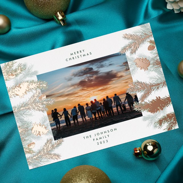 Rose Gold Pine Tree Cones Merry Christmas Photo Foil Holiday Card (Creator Uploaded)