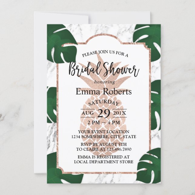 Rose Gold Pineapple Bridal Shower Trendy Marble Invitation (Front)