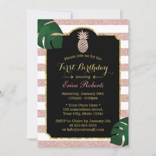 Rose Gold Pineapple Modern Stripes First Birthday Invitation