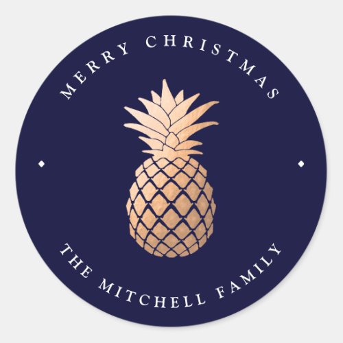 Rose Gold Pineapple on Navy Blue  Christmas Classic Round Sticker