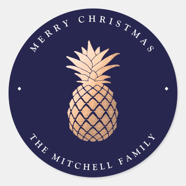 Rose Gold Pineapple on Navy Blue | Christmas Classic Round Sticker (Front)