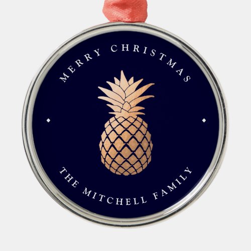Rose Gold Pineapple on Navy Blue  Christmas Metal Ornament