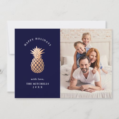 Rose Gold Pineapple on Navy Blue  Christmas Photo Holiday Card