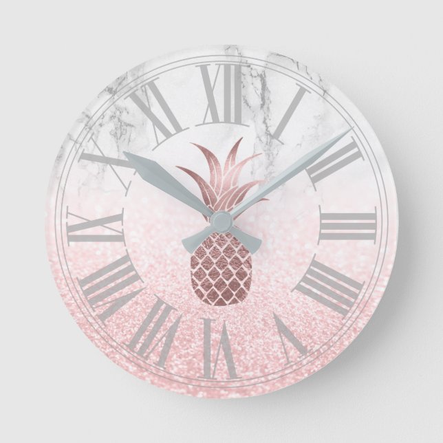 Rose Gold Pineapple+Snow Bokeh+Marble Round Clock (Front)