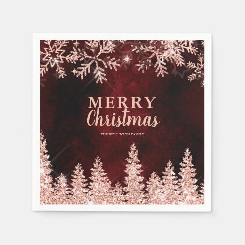 Rose gold pines red watercolor Merry Christmas Napkins