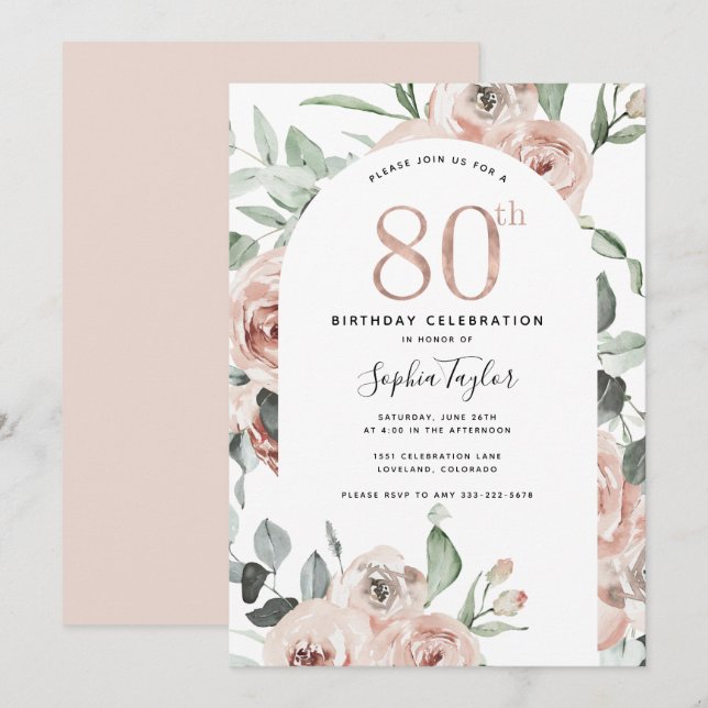 Rose Gold Pink 80th Birthday Invitation (Front/Back)