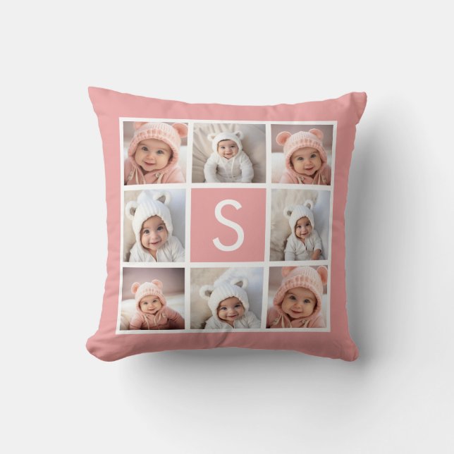 Rose Gold Pink - 8 Photo Collage and Monogram Throw Pillow (Front)
