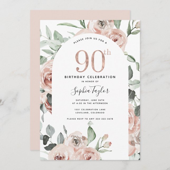 Rose Gold Pink 90th Birthday Invitation (Front/Back)