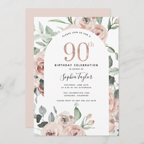 Rose Gold Pink 90th Birthday Invitation