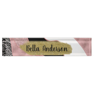 Rose Gold Pink Abstract Wave Modern Glam Trendy Desk Name Plate