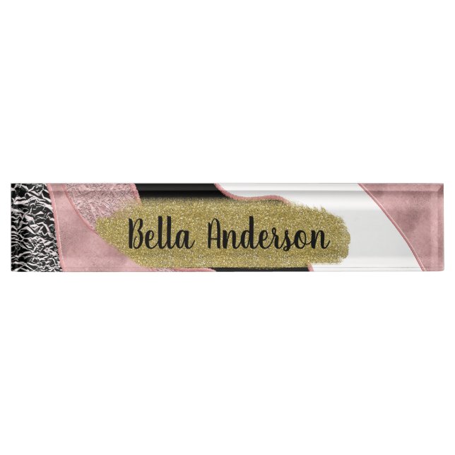 Rose Gold Pink Abstract Wave Modern Glam Trendy Desk Name Plate (Front)