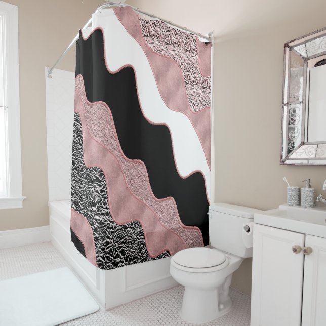 Rose Gold Pink Abstract Wave Modern Glam Trendy Shower Curtain (In Situ)