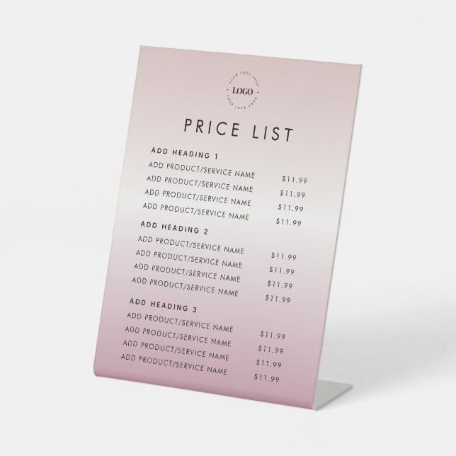 Rose Gold Pink Add Logo Price List Beauty Salon Pedestal Sign (Front)