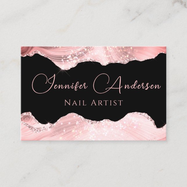Rose Gold Pink Agate Design Nail Artist Business Card (Front)