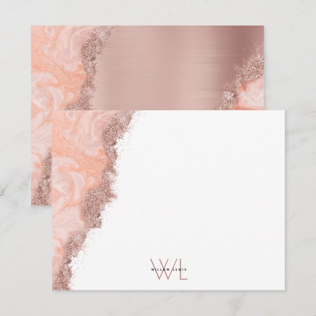 Rose Gold Pink Agate Geode Glitter Monogram Note Thank You Card (Front/Back)