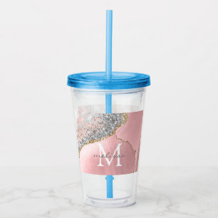Rose Gold Pink Agate Glitter Marble Monogram Name Acrylic Tumbler
